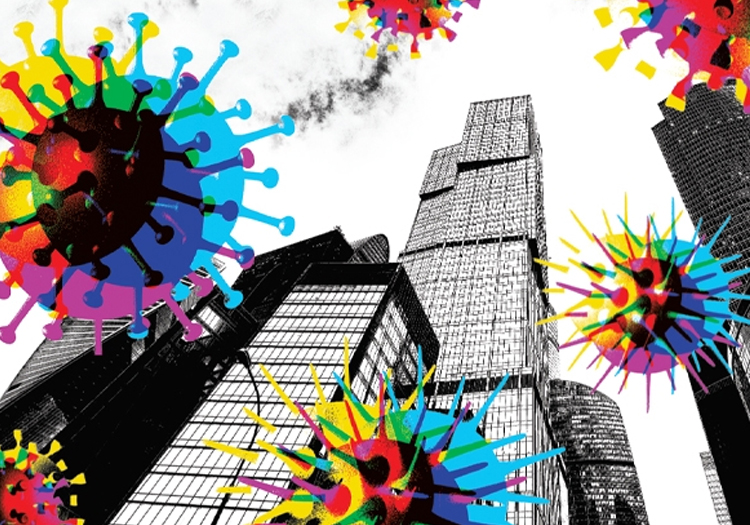 Black and white city skyline with tall skyscrapers against a white background with a halftone dot pattern. Large, colorful virus illustrations in bright blue, green, yellow, red, and purple float around the buildings, highlighting a visual commentary on pandemics' impact on urban environments.