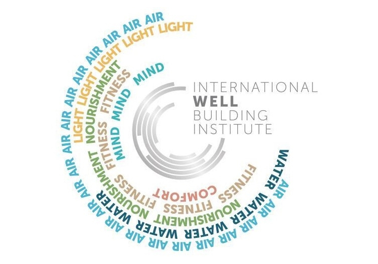 Circular logo for the International WELL Building Institute, featuring a central emblem and surrounding text emphasizing wellness elements: AIR, WATER, NOURISHMENT, LIGHT, FITNESS, COMFORT, and MIND