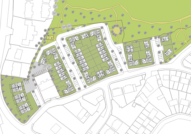 Overhead layout of a planned residential area with rows of houses, surrounding roads, green spaces, and scattered trees, suggesting parks or communal areas