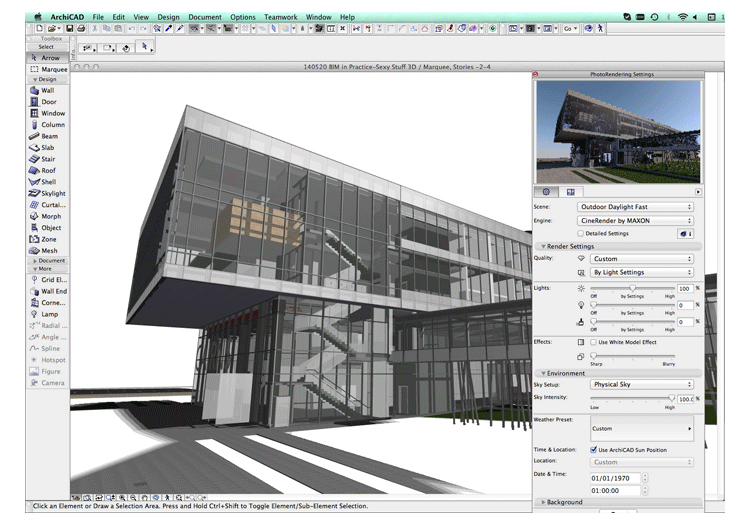 Computer screen showing an architectural design program with a 3D model of a modern building featuring transparent walls that reveal the interior layout. The user interface includes toolbars and menus for project management, view options, and design settings. On the right, rendering settings are visible, including “Outdoor Daylight Test” by MAXON, with checkboxes for “Sunlight” and “Sky Light,” sliders for intensity, and a “Physical Sky” section with adjustable parameters like Turbidity, Date/Time, and Location.