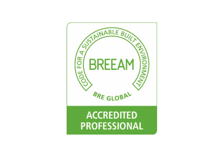 BREEAM certification logo: green circular design with 'CODE FOR A SUSTAINABLE BUILT ENVIRONMENT' at the top, 'ACCREDITED PROFESSIONAL' at the bottom, and 'BREEAM' with 'BRE GLOBAL' inside