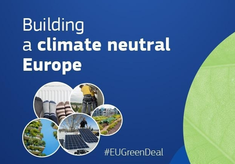 Promotional graphic titled 'Building a Climate Neutral Europe' with four circular images: wind turbines, a person in protective gear, solar panels, and green foliage. Includes hashtag '#EUGreenDeal