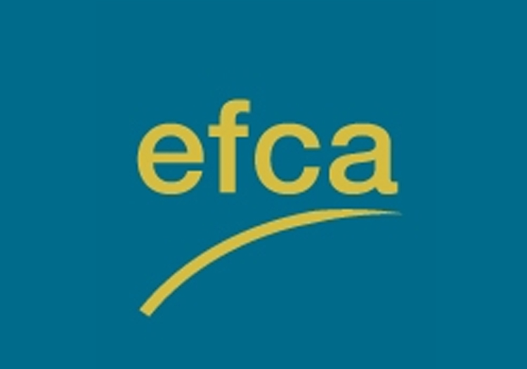 Logo with lowercase “efca” in bold, sans-serif gold letters on a blue rectangular background. A curved gold line arches above the text, starting above the “e” and ending above the “a.