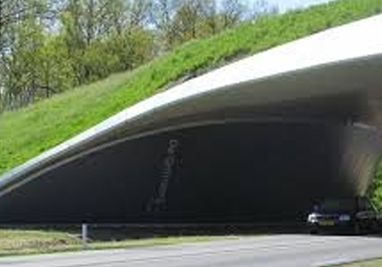 "Underpass with a modern, curved overpass design, wider at the top and tapering at the base. A vehicle on the road provides scale, and the structure contrasts with the clear sky and greenery on the hill above. The image showcases innovative infrastructure design combining functionality and aesthetic