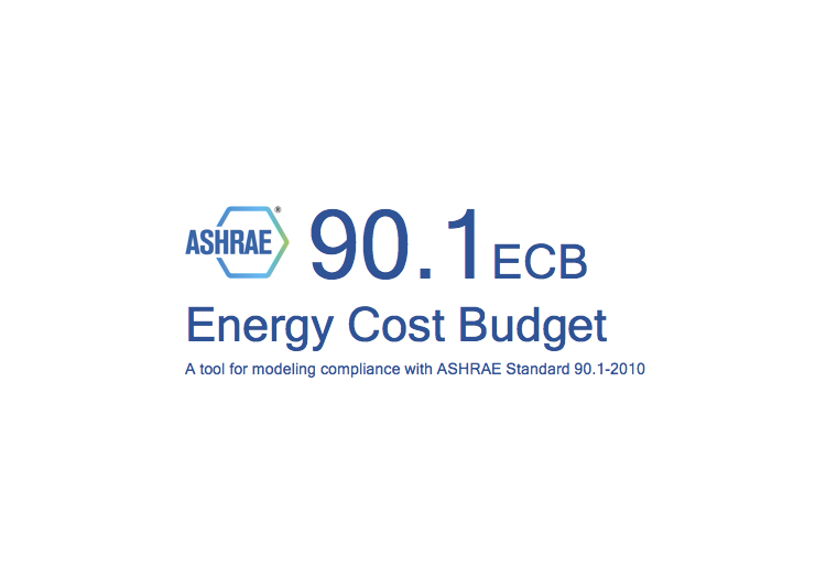 The image features the ASHRAE logo in the top left corner, accompanied by the text “90.1 ECB” in bold letters, which stands for Energy Cost Budget. Below this, the phrase “Energy Cost Budget” is prominently displayed. This indicates that the image relates to tools or resources for modeling compliance with ASHRAE Standard 90.1-2010, focusing on energy efficiency in buildings.