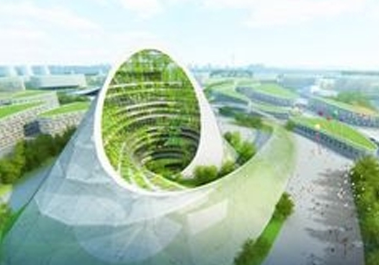 Futuristic building with a loop or Möbius strip design, surrounded by greenery and water. The structure integrates with the environment and features an innovative, possibly sustainable, architectural style