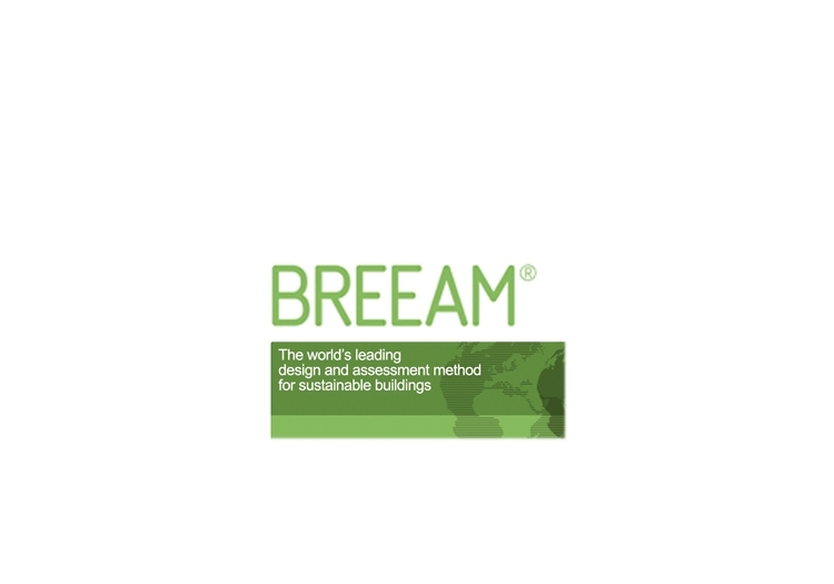 Logo with “BREEAM” in large, bold capital letters, and the tagline “The world’s leading design and assessment method for sustainable buildings” below. The green background features an abstract Earth pattern, emphasizing the theme of sustainability.