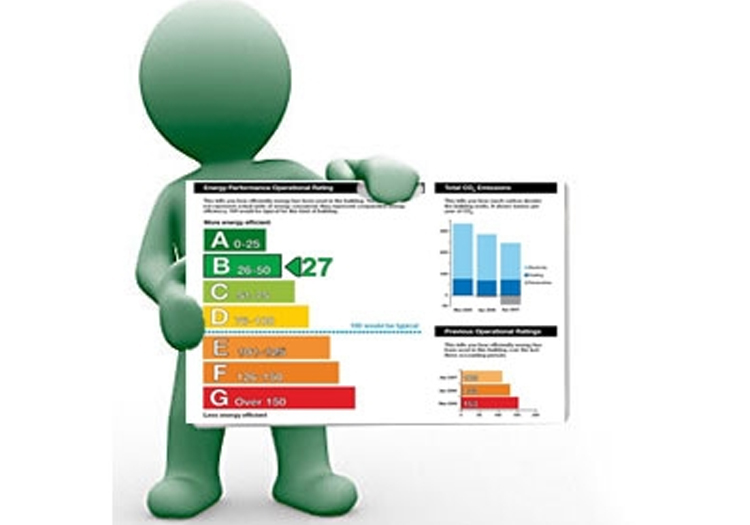 The image features a 3D green figure beside a large presentation check. The figure appears to be presenting, with one hand pointing towards the check, which displays various charts and graphs related to energy performance.