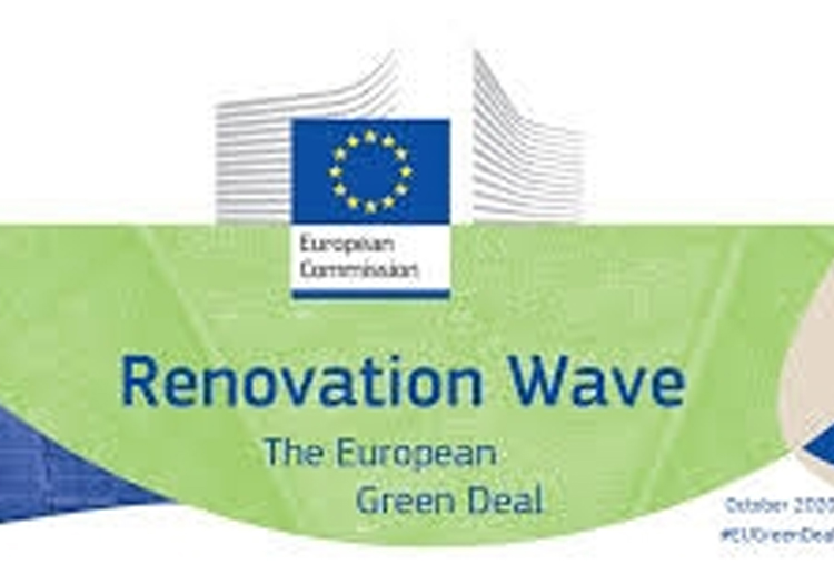 Banner for the European Commission's 'Renovation Wave' initiative with a green and blue wave design, featuring text 'Renovation Wave,' 'The European Green Deal,' and EU flag