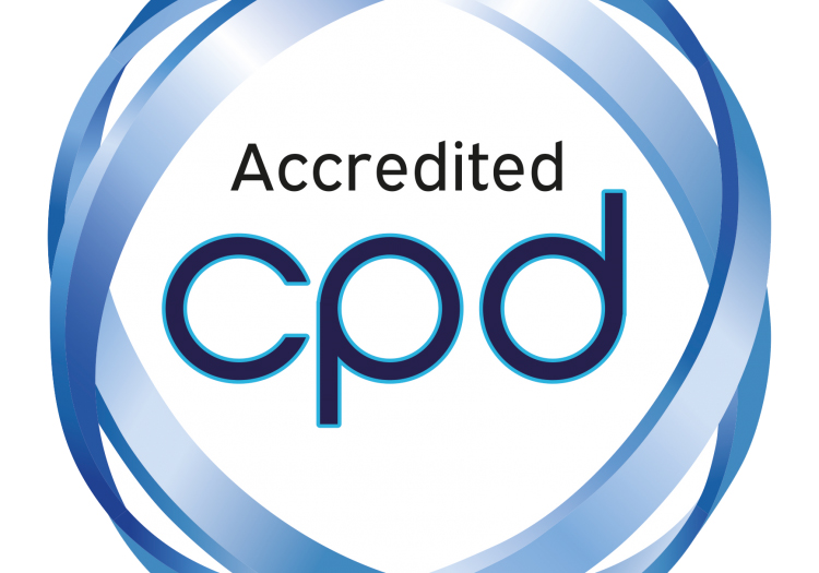 Logo with 'Accredited CPD' in blue, featuring a prominent 'CPD' within concentric circles transitioning from dark to light blue, resembling a certification seal for Continuing Professional Development