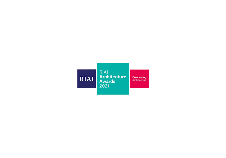 Three colored rectangles with text: dark blue 'RIAI,' teal 'Architecture Awards 2021,' and red 'Celebrating Architecture,' indicating a 2021 architecture event or recognition