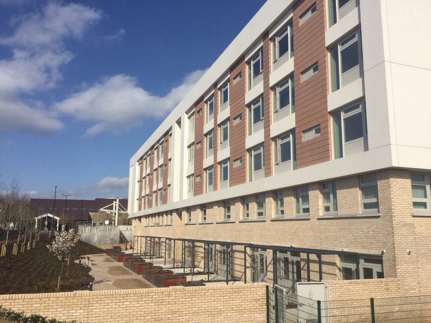 Modern multi-story building with a white and brick facade, featuring rows of windows and wood paneling. A landscaped area with benches and young trees is in front, under a clear, sunny sky