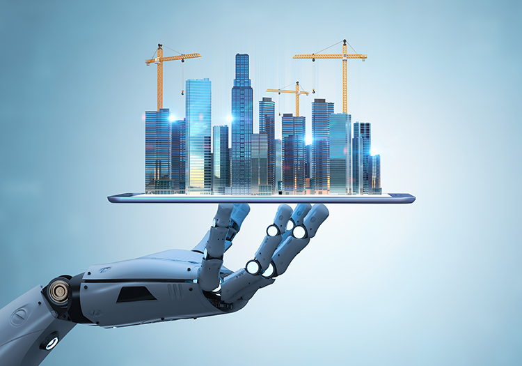 A robotic hand holds a tablet displaying a futuristic cityscape under construction, with cranes visible. The scene highlights the role of robotics and technology in urban planning, emphasizing precision and efficiency.